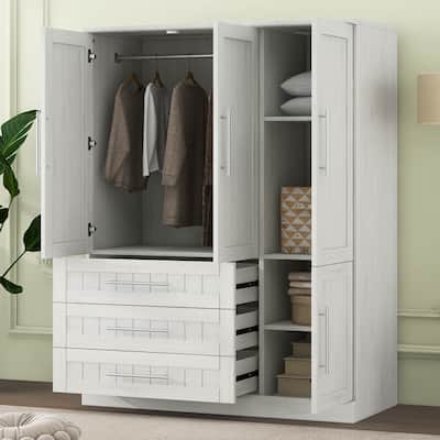Wooden Wardrobe White Clothes Storage Cabinet with Hanging Rod, 4 Doors Armoire Closet with 3 Drawers & Storage Shelves
