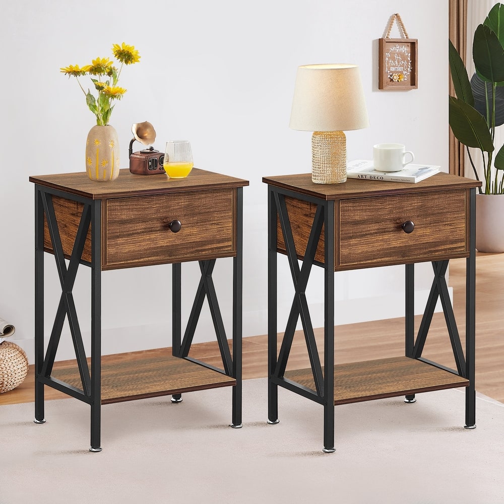 Javlergo Set of 2 Nightstand with 1 Drawer and Storage Shelf End Table Bedside Table for Bedroom Living room Office