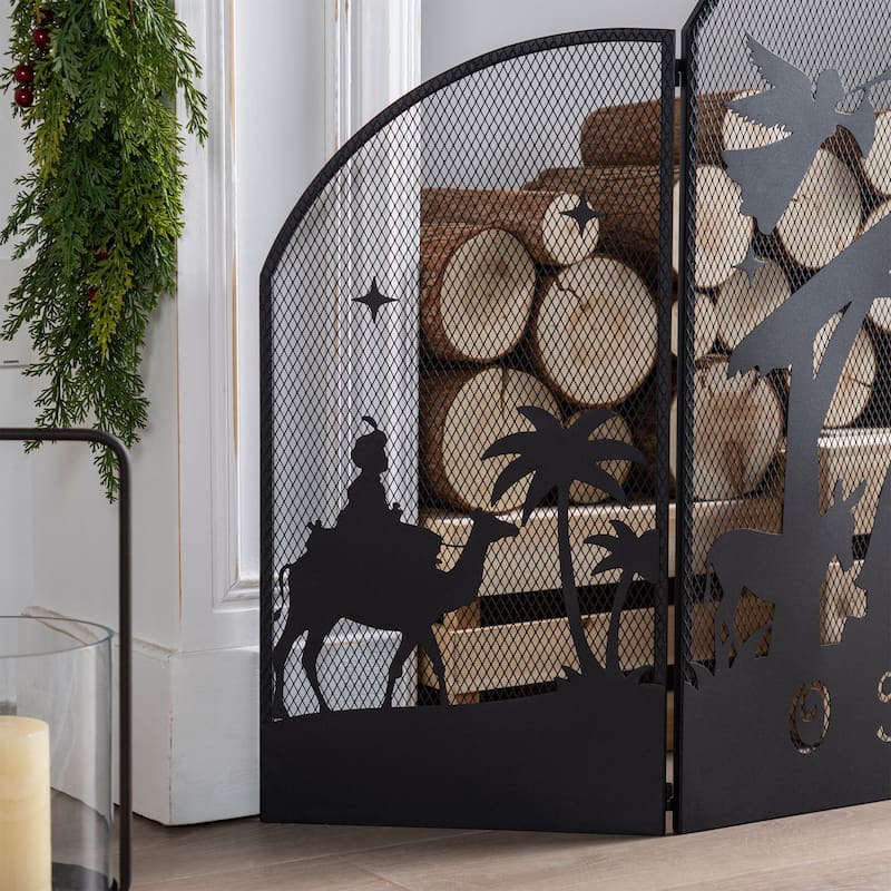 Glitzhome 29.75"H Christmas Metal Mesh Silhouette Nativity Scene Screen - Black