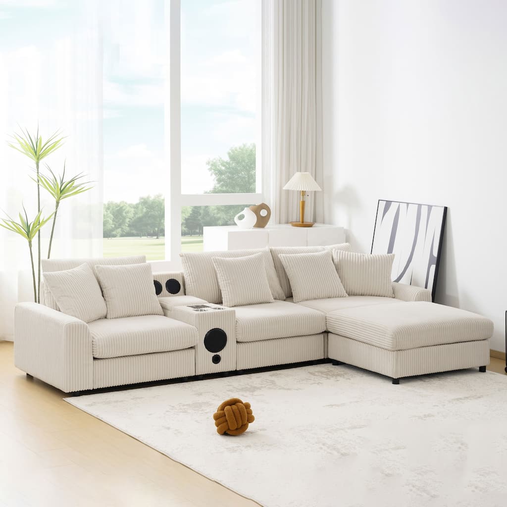 Roomfitters 112 Inch L-Shaped Modular Sectional Sofa with Bluetooth Speaker, Console and Cup Holders for Home, Cream