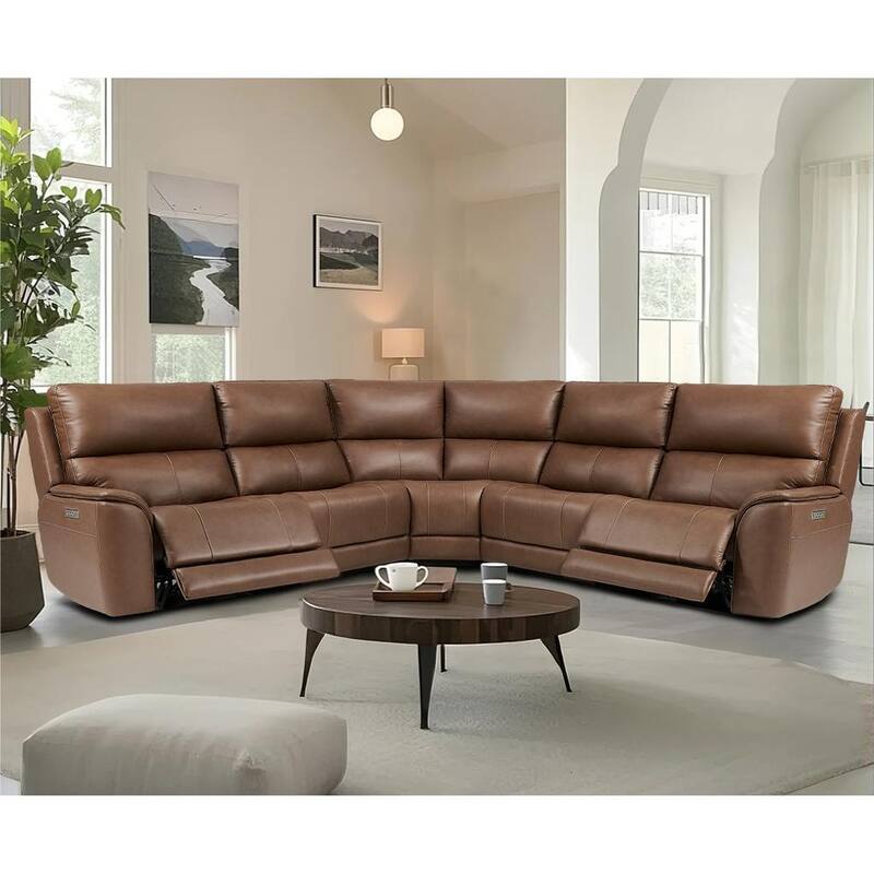 123''W Genuine Leather Power Double Width Sectional Sofa with Zero Gravity, Adjustable Headrest and USB&Type-C Ports - Light Brown