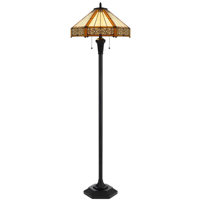 60 Inch Bronze Two Light Floor Lamp with Tiffany Glass Shade - 18" x 18" x 60"
