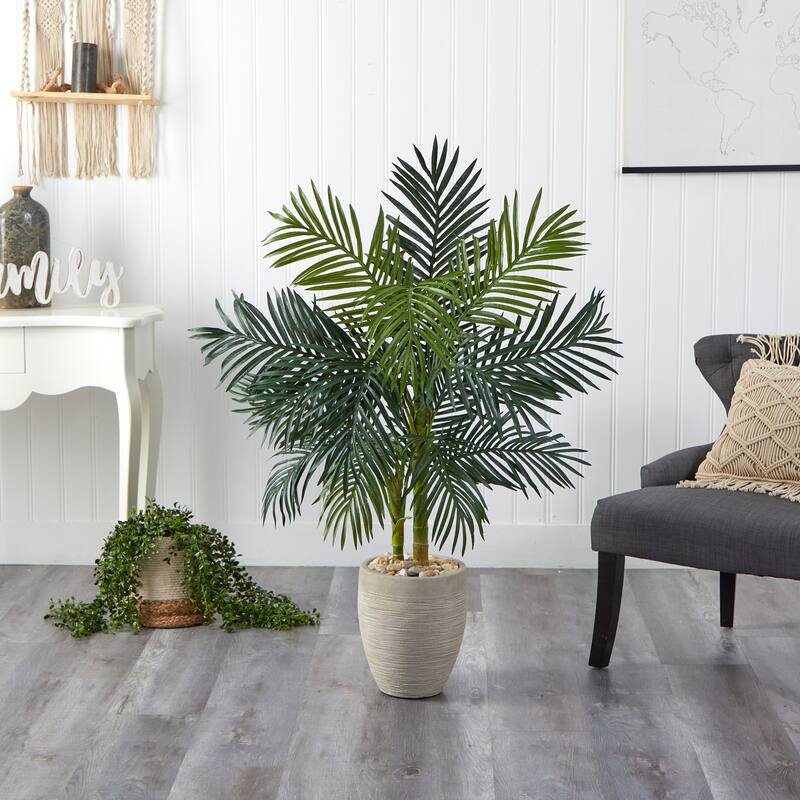 4.5ft Golden Cane Palm Artificial Tree in Oval Planter with Lifelike Green Fronds for Sunroom or Living Room Decor