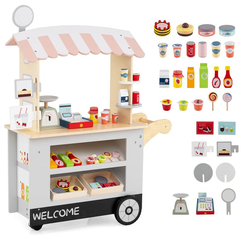 Costway Kids Snacks & Sweets Food Cart Kids Toy Cart Play Set with 30 - See Details - Grey