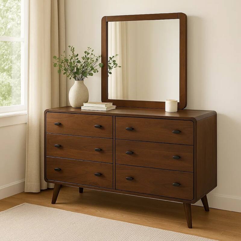 Ryb Wide Dresser with Mirror, 6 Drawers, Dark Walnut Brown Wood Frame