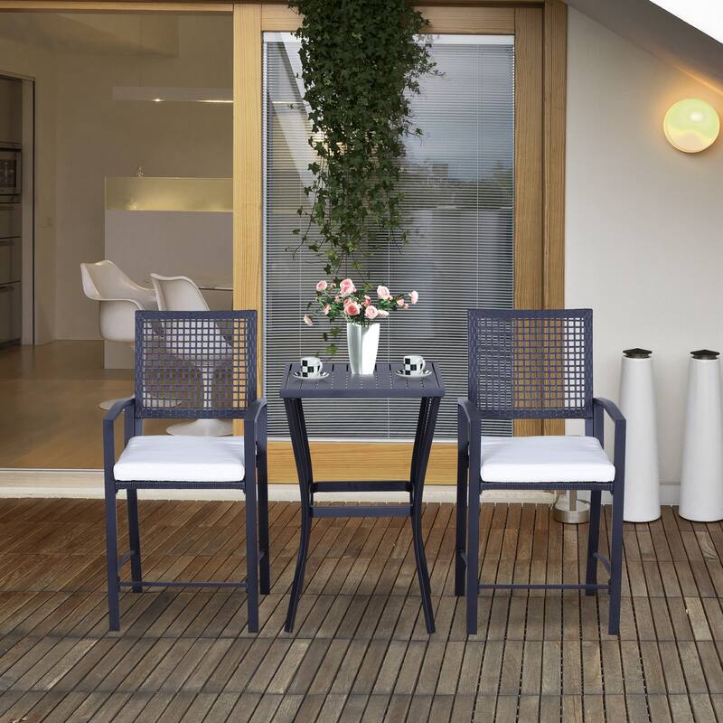 3-Piece Outdoor Rattan Wicker Bar Set with Cushioned High Chairs and Steel Frame, Weather-Resistant Patio Furniture
