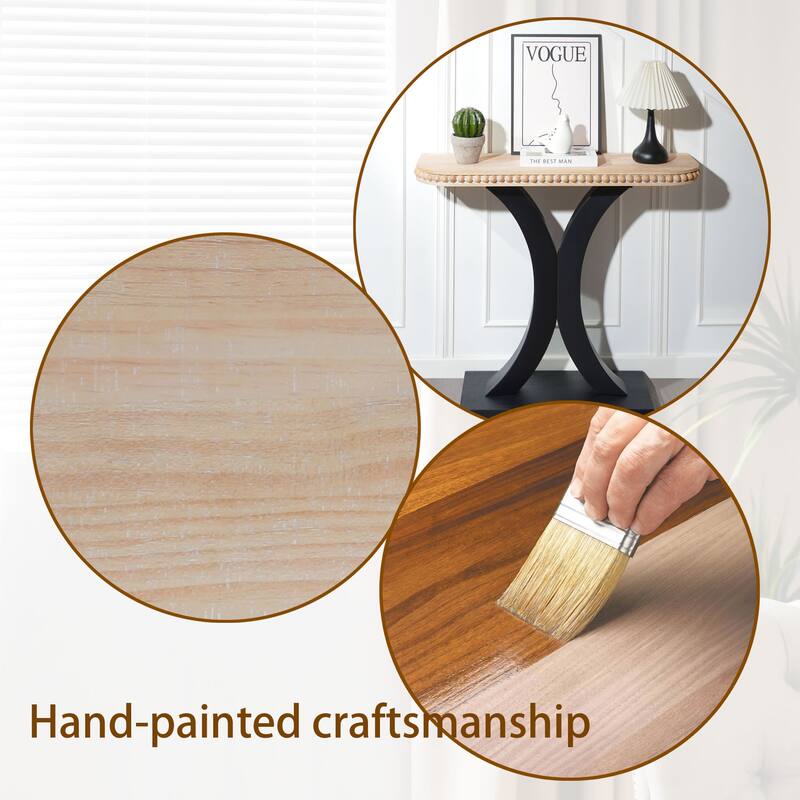 Elegant Half-Moon Console Table with Bead Trim, Versatile Wood Entryway Table with Natural Rounded Tabletop and Black Base