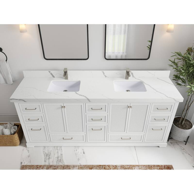 Willow Collections 84 in. W x 22 in. D Alys Double Bowl Sink Bathroom Vanity with Countertop - 2"Calacatta Laza - White