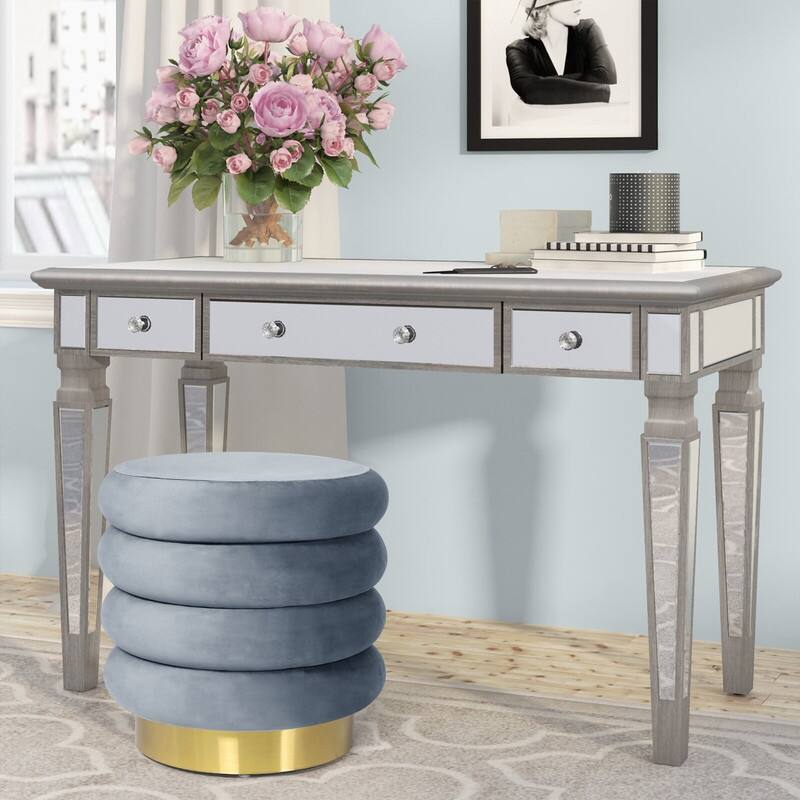 Adeco Modern Round Velvet Storage Ottoman with Gold Plating Base