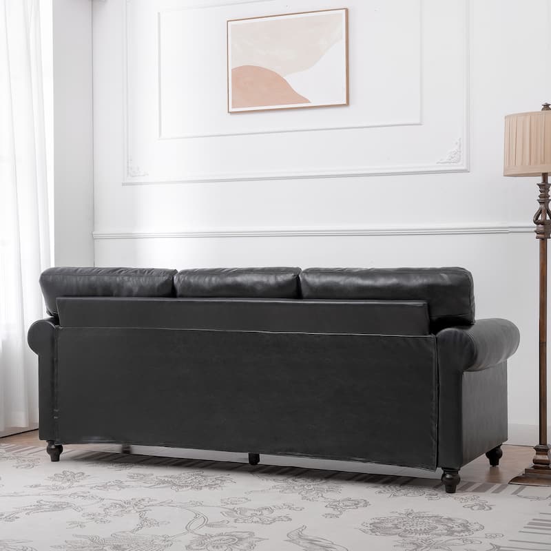 Black Pu 83.86" Upholstered 3-seater Sofa with Nailheads and Birch Feet for Living Room