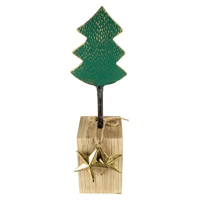 16.75" Green Metal Tree in Chunky Wood Base Christmas Decor