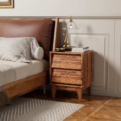 Set of 2 Mid-Century Modern MDF Nightstands, Bedside Storage Cabinet with Hidden Drawer Pulls, Side Table with Solid Wood Legs
