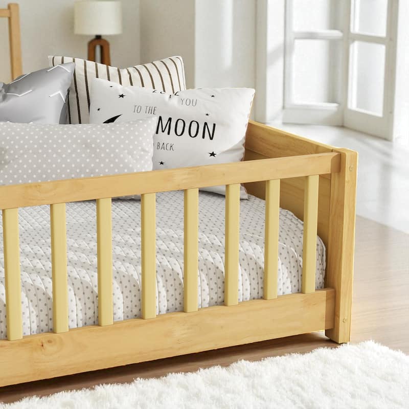 Twin Size Floor Platform Bed with Fence Rail and Built-in Book Rack, Wood Slat Support