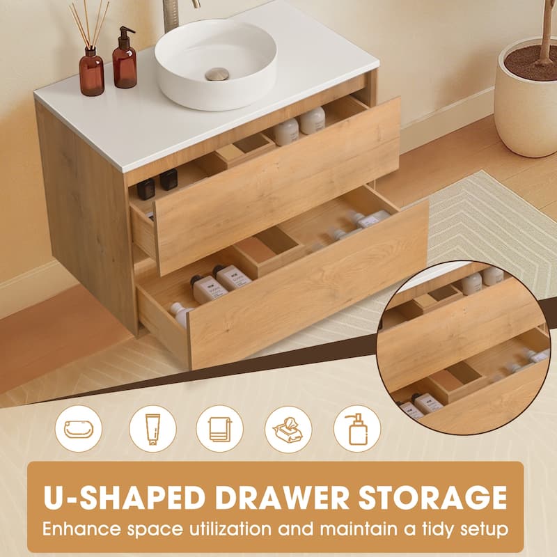 36"48"60"72"84" Floating Bathroom Vanity Quartz Counter Top with Round Ceramic Vessel Sink