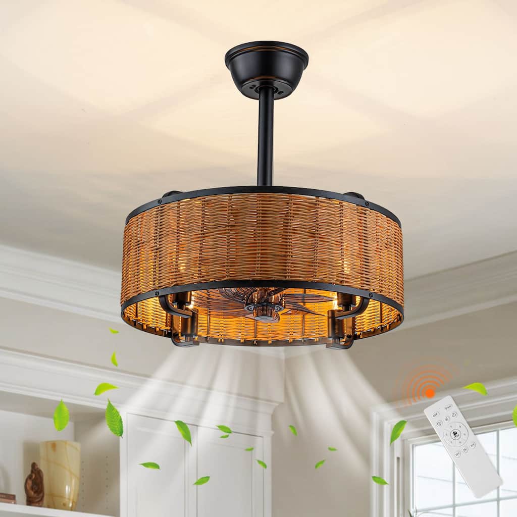 18.5 in. Farmhouse Rattan Ceiling Fan Chandelier with Remote - Black
