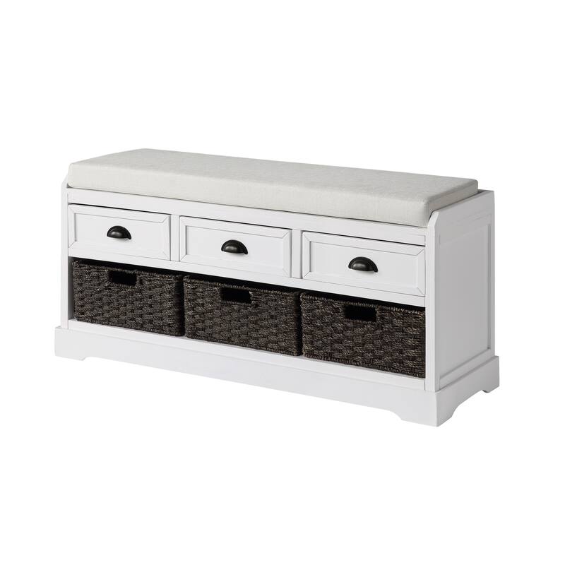 Wood Storage Bench with Cushion,3 Drawers and 3 Baskets