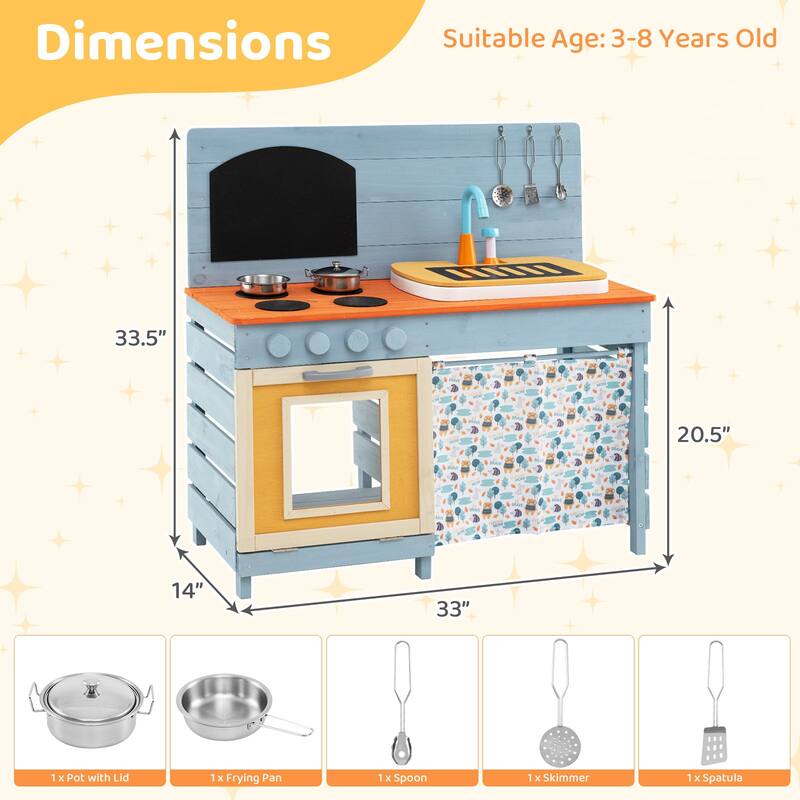 Wooden Toy Kitchen Playset with Removable Circulation Faucet and Cooking Accessories-Blue - Multi