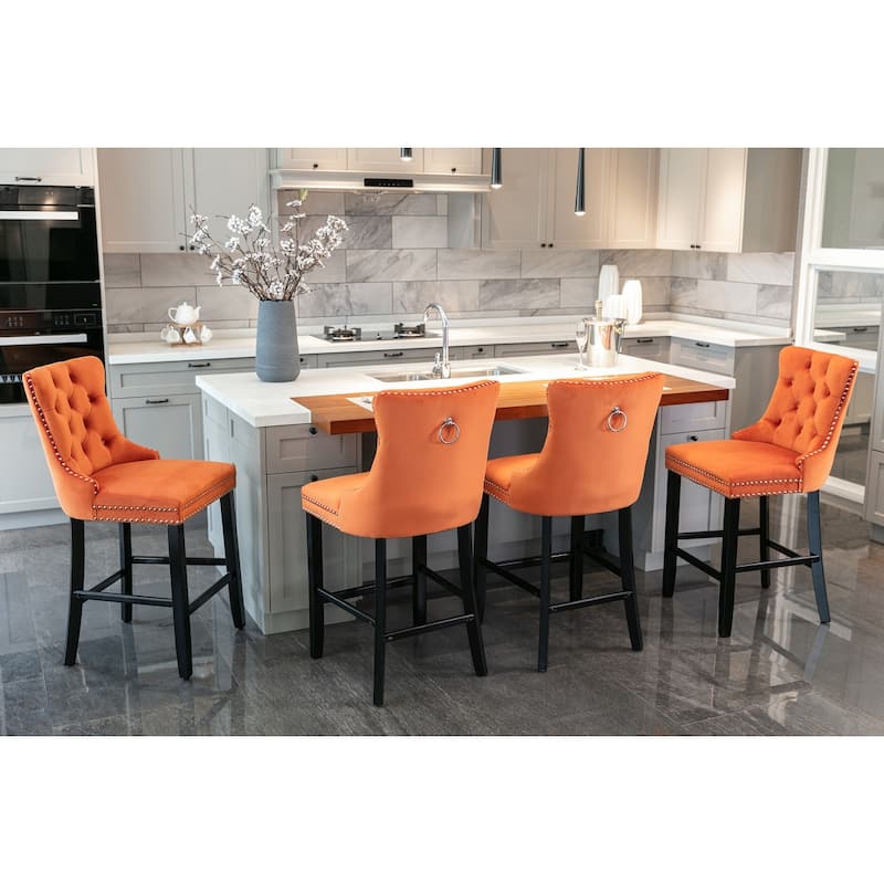 Velvet Bar Chairs Set of 2, Counter Height Bar Stools with Button Decor and Nailhead Trim, Dining Room Chairs with Back