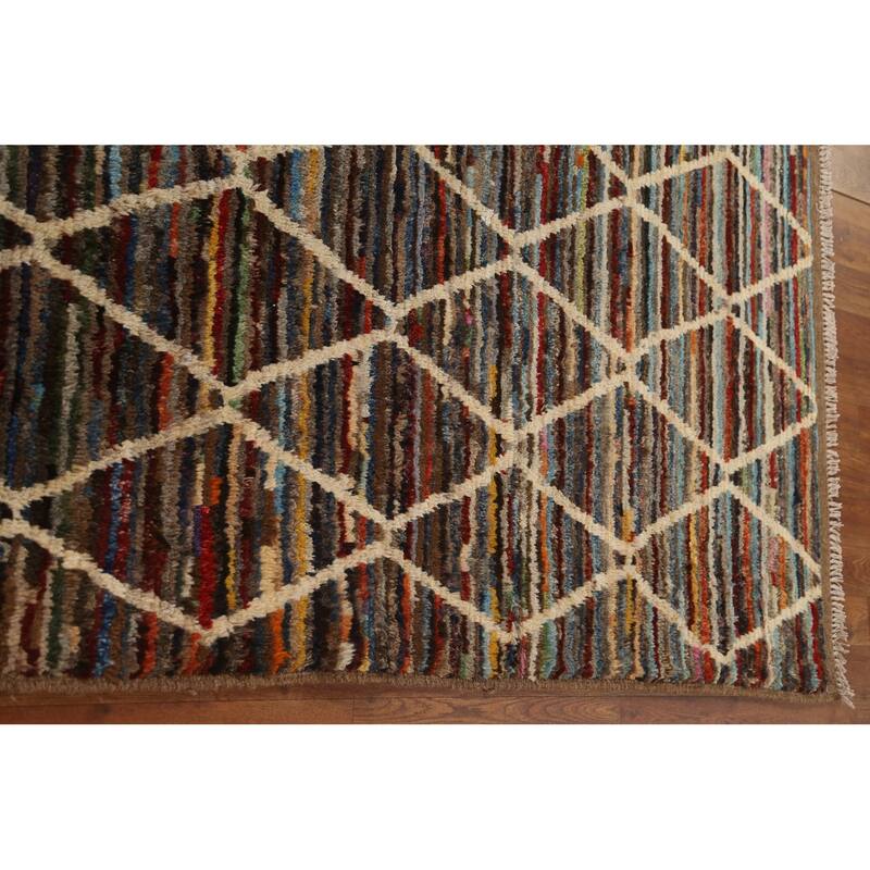 Hand Knotted Oriental 100% Wool Carpet Tribal Trellis Multi-Colored Moroccan Area Rug - 9' 10'' X 6' 5''