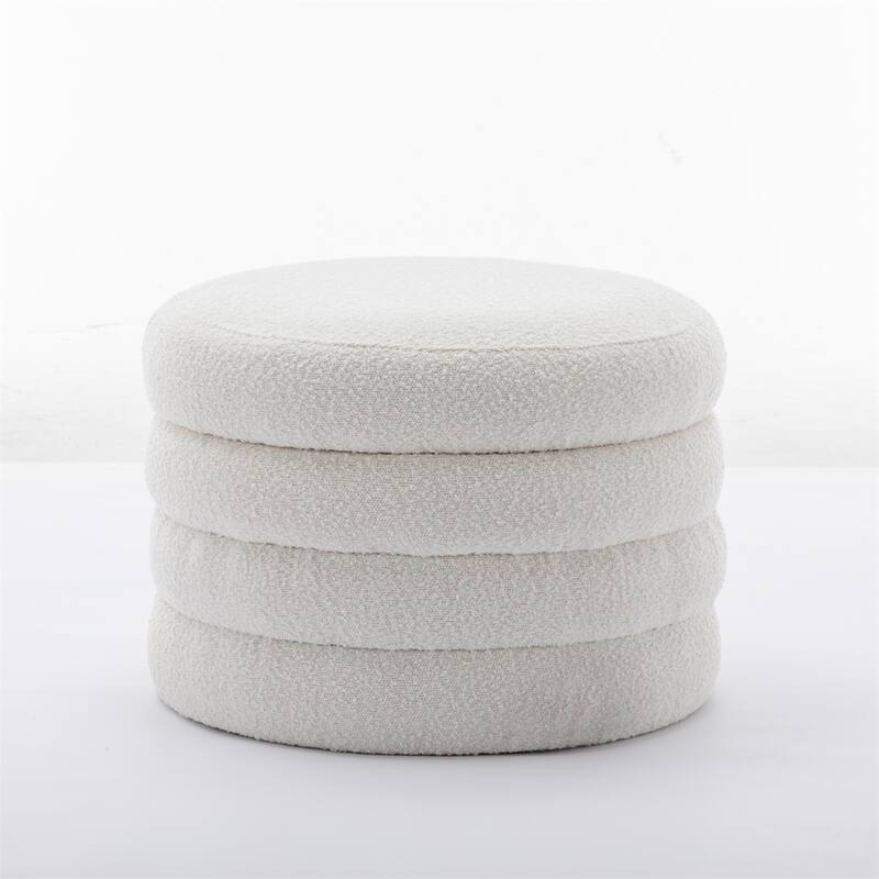 Fabric Storage Round Ottoman Footstool with Wooden Shelving - Ivory Boucle