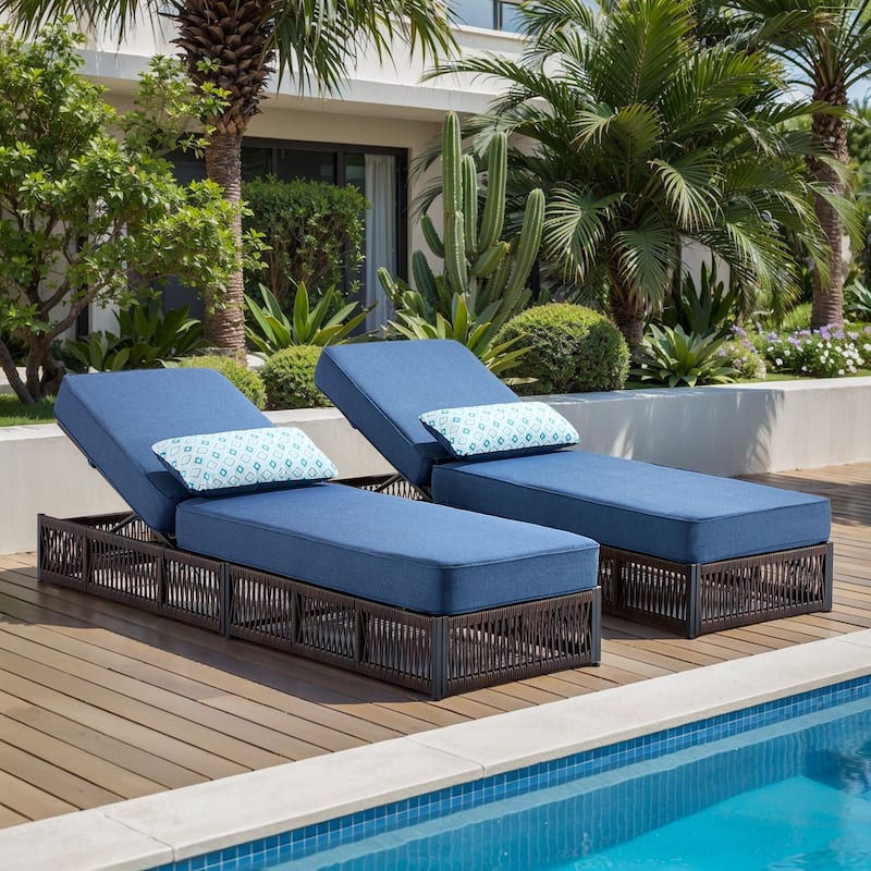 Gymojoy Outdoor Patio Chaise Lounge Chair, Luxury Rattan Recliner with 6-Position Backrest & 5-Inch Thick Cushions Set of 2 - Blue