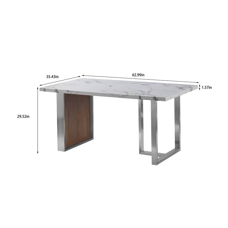 Elegant Luxurious Imitation Marble MDF Dinning Table for 6 or 8, Rectangular 63"L*35.4"W*29.8"H, Walnut+Stainless Steel