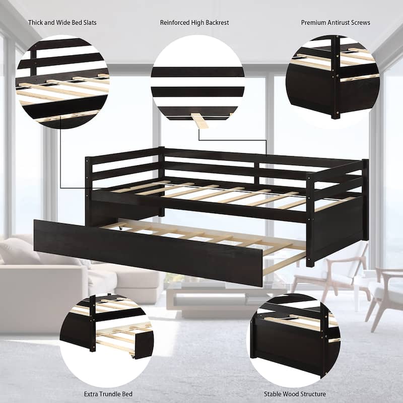 Costway Twin Size Trundle Daybed Wooden Slat Support Mattress Platform