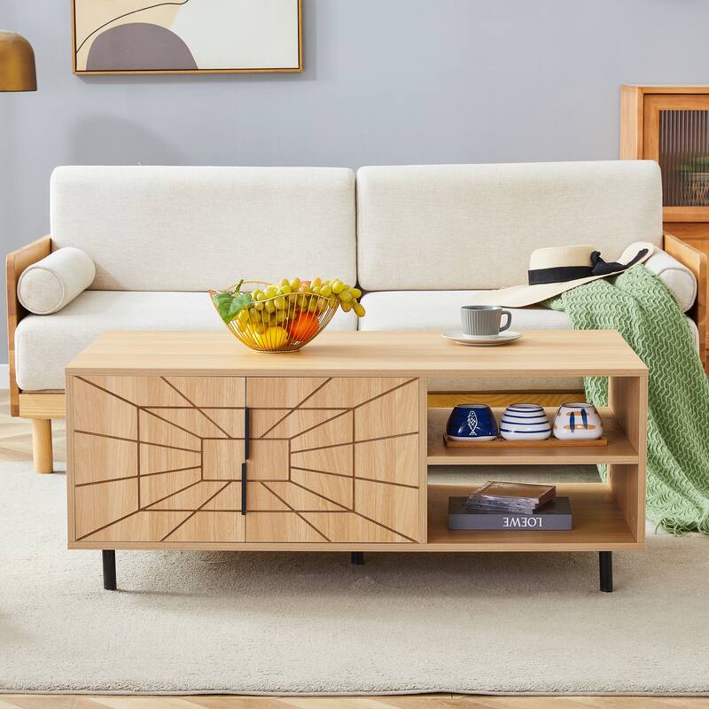 Modern Spider Web Texture Coffee Table Natural Wood Tone Geometric Art Coffee Table with Open Shelves, for Living Room