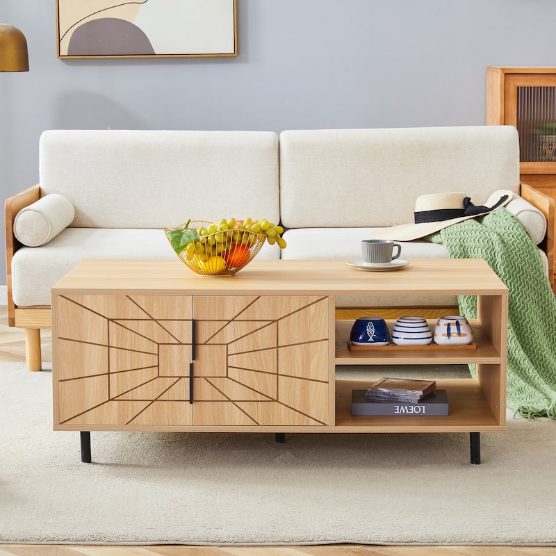 Spider Web Textured Coffee Table, Multi-functional Wooden Buffet Cabinet, Center Table with Open Shelves & Metal Legs