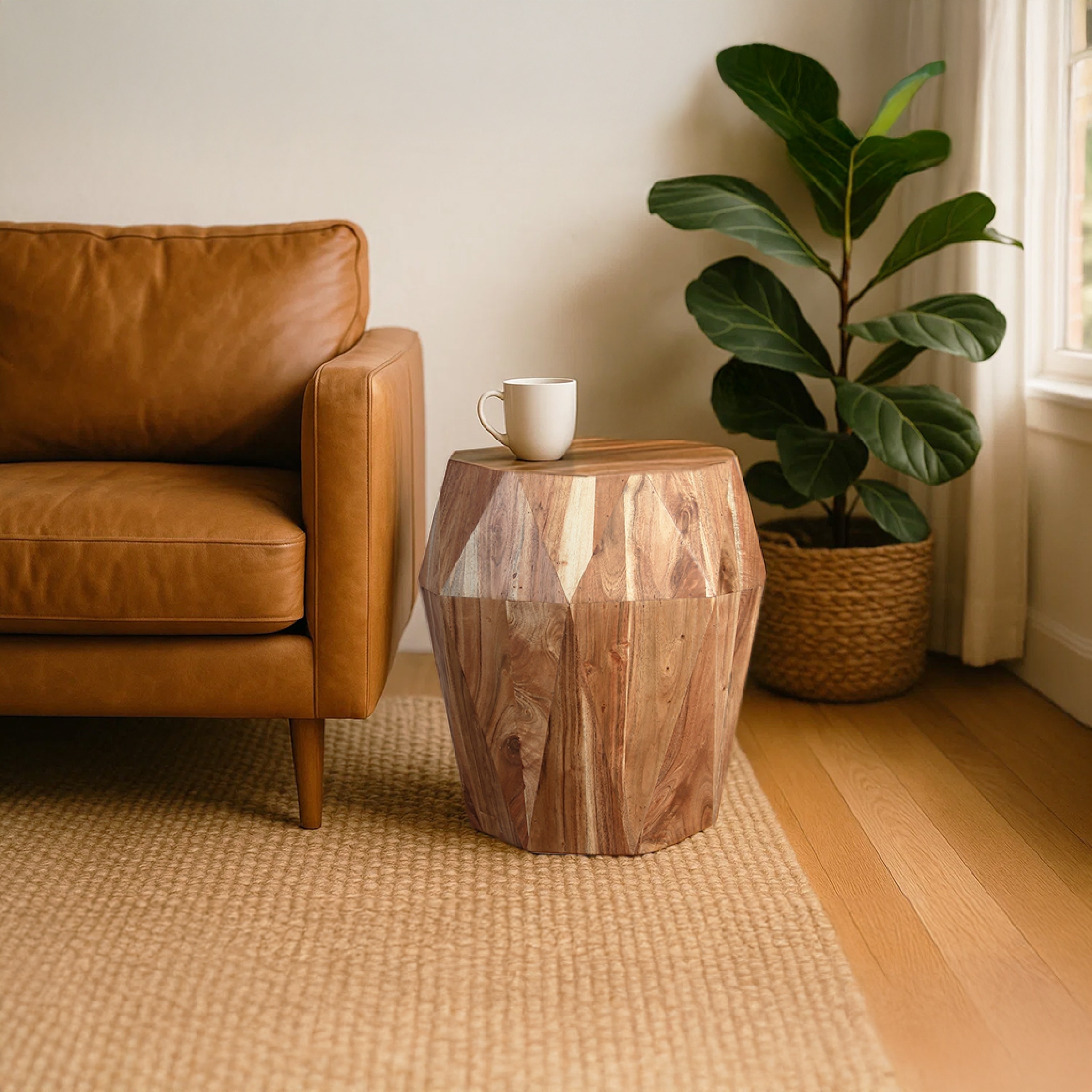 Bon 22 Inch Artisanal End Side Table, Multifaceted Solid Acacia
