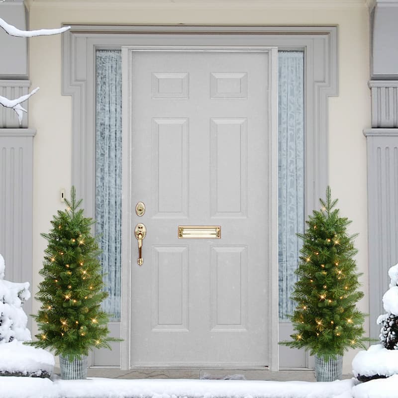 Puleo International Set of 2 3.5' Artificial Battery-Operated Pre-Lit Potted Oregon Fir Christmas Trees