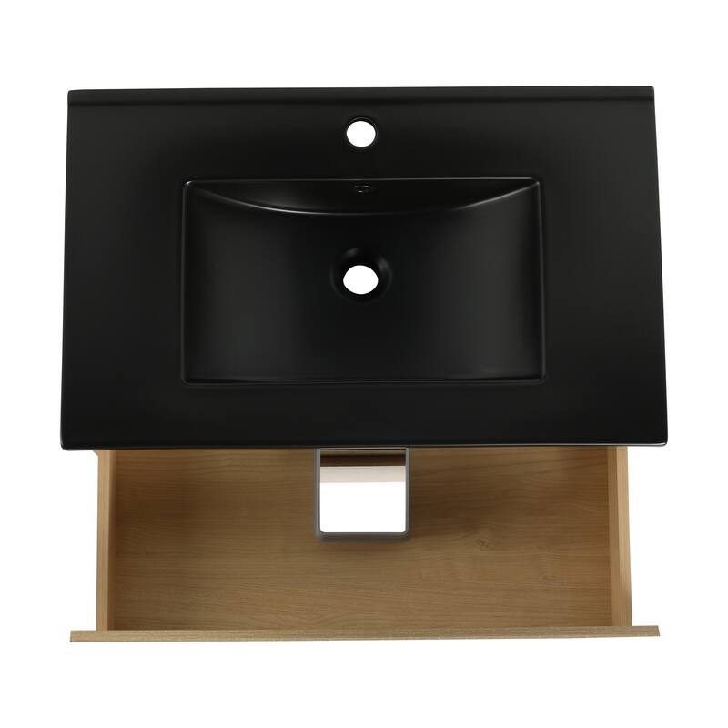 Modern 24" Floating Bathroom Vanity with Black Ceramic Basin, Soft-Close Drawers, Water-Resistant Melamine Surface