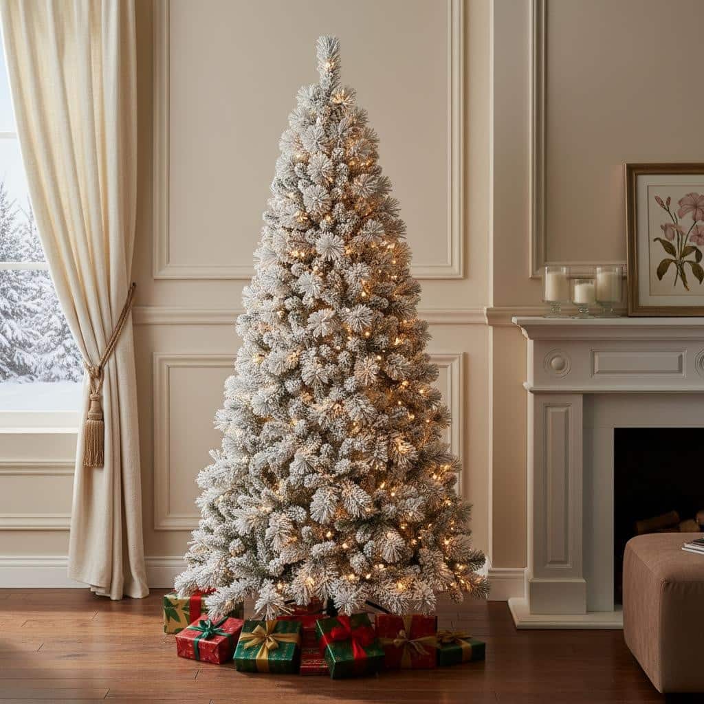 HomeRoots 7' Pre Lit Full Flocked Pine Christmas Tree - Green - 47.00 in. x 84.00 in. x 47.00 in.