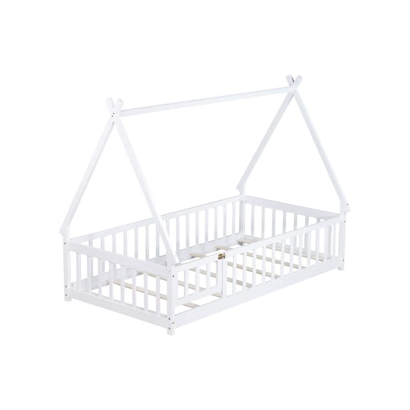 Roomfitters Twin/Full Tent-Shaped Floor Bed with Teepee Frame, Rubber Wood Platform with Guardrails, Slats and Door