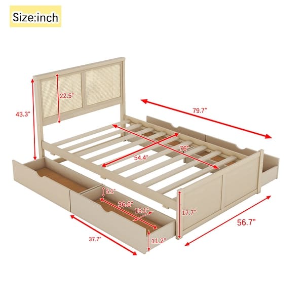 dimension image slide 1 of 4, Rattan Platform Bed Frame with 4 Storage Drawers and Wooden Rattan Headboard for Kids, No Box Spring Needed