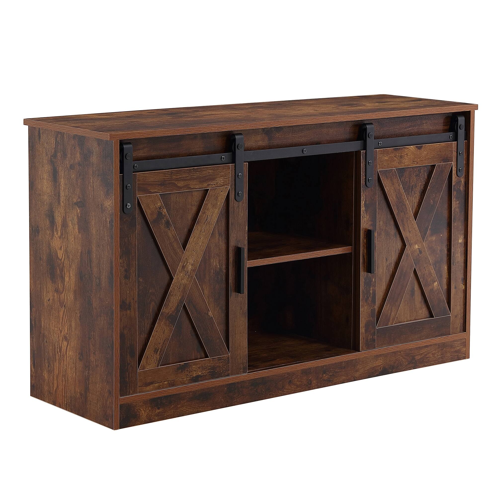 Rustic Wooden TV Stand and Storage with Sliding Barn Doors