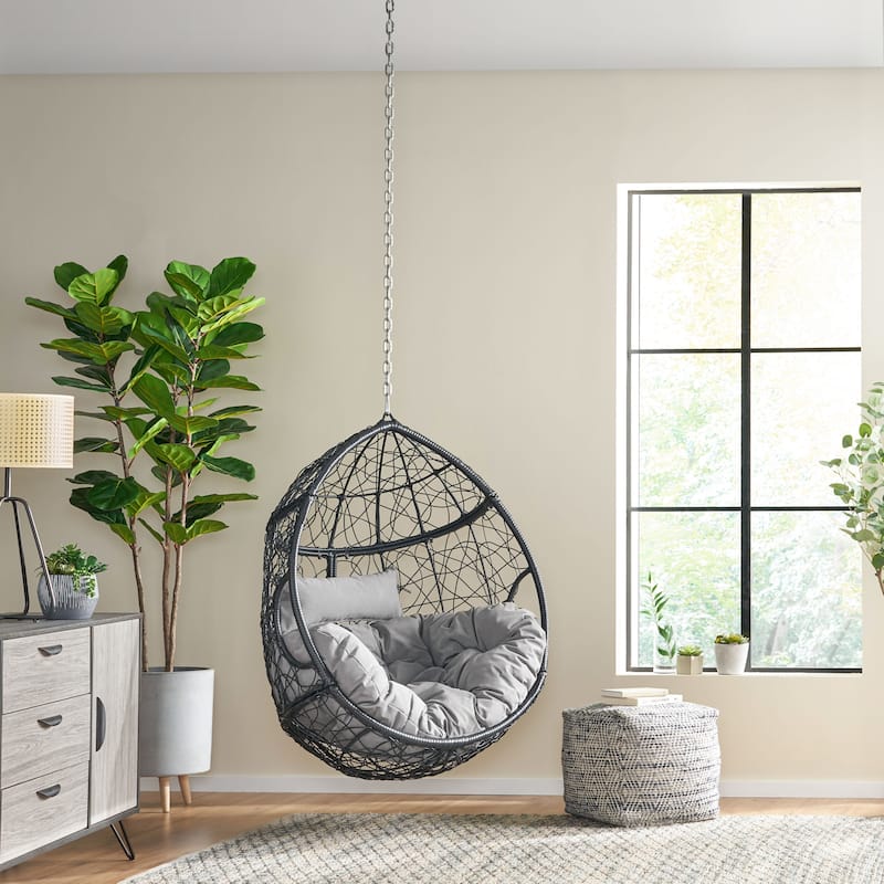 Modern Rattan Egg Chair with Water-Resistant Tufted Cushion, Teardrop Hanging Basket Chair, Wicker Swing Chair - Grey+Black