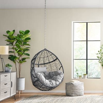 Modern Rattan Egg Chair with Water-Resistant Tufted Cushion, Teardrop Hanging Basket Chair, Wicker Swing Chair
