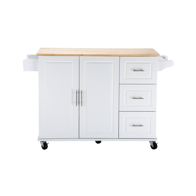 Kitchen Island with Extensible Wood Table Top, Mobile Island Table on Wheels, Kitchen Cart with Adjustable Shelf & 3 Drawers