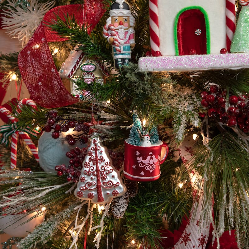 4.25" Christmas Trees and Snowman in a Cup Glass Ornament