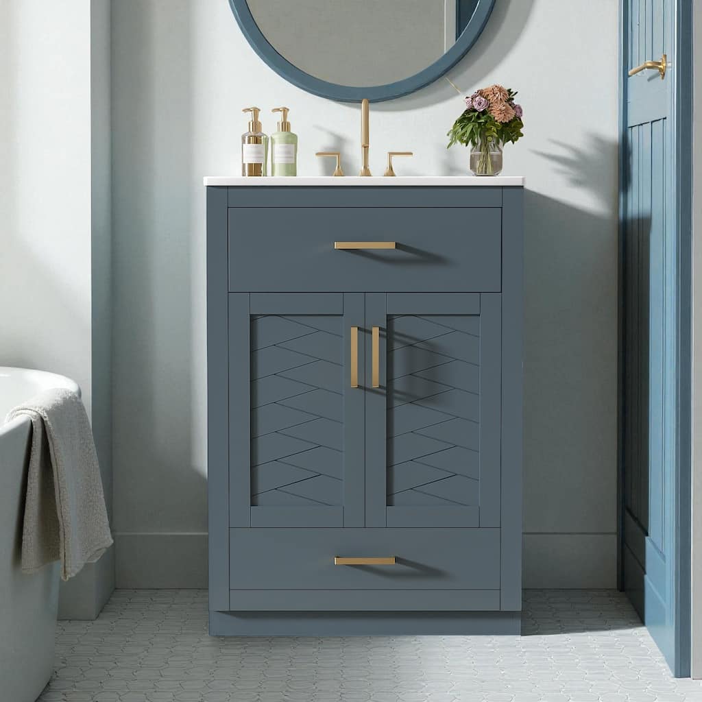 24" Modern Bathroom Vanity with Integrated Ceramic Sink, 2-Door Cabinet and Tip-Out Drawer for Small and Medium Bathrooms