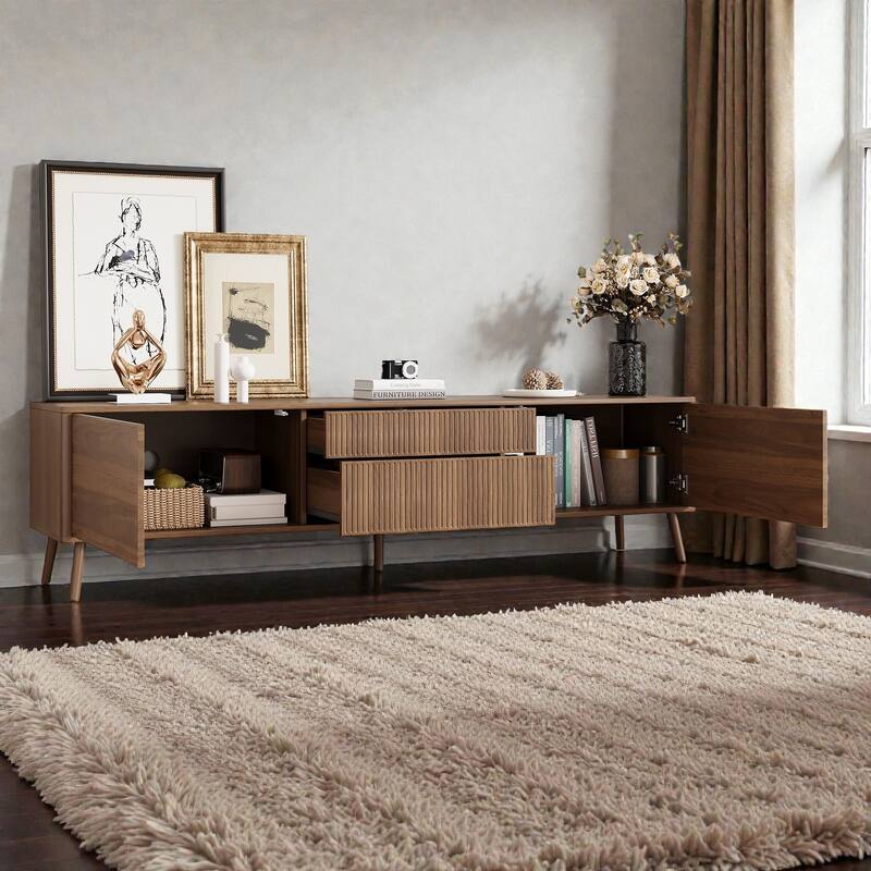 70" Fluted TV Stand for TVs Up to 80", Modern Entertainment Center with Storage Drawers, Cable Management & Soft-Close Hinges