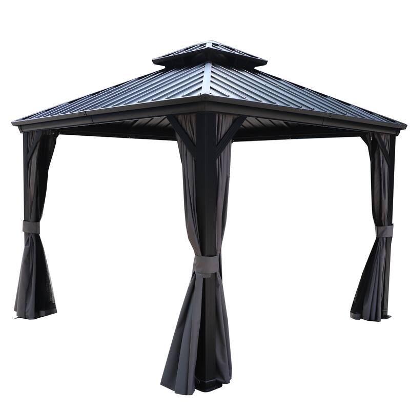 Kozyard Caesar Hardtop Gazebo with Steel Roof, Netting and Curtain - 10' x 10' - Grey