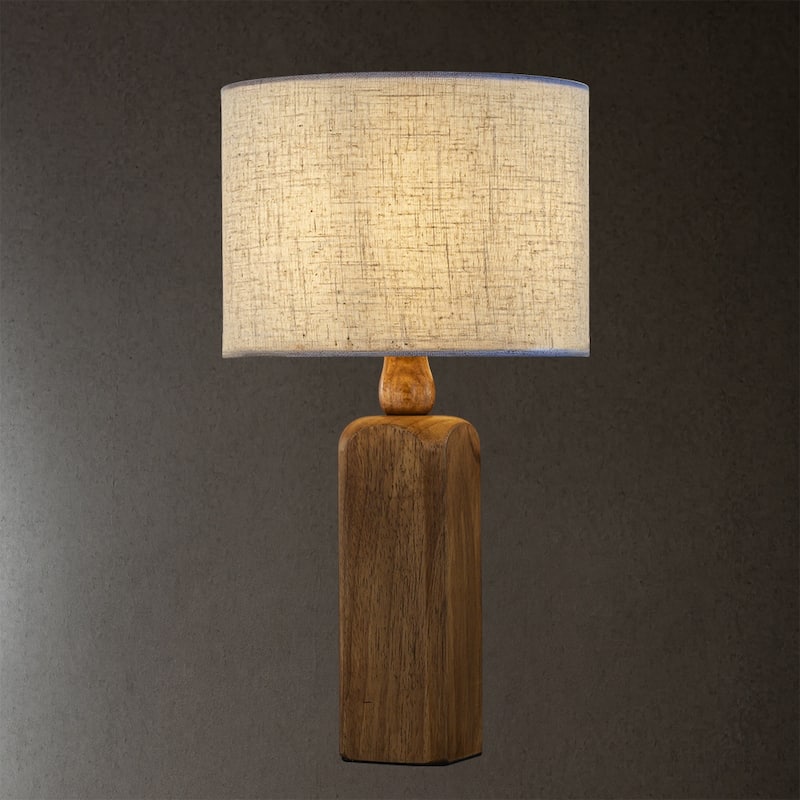 CraftHome Traditional Farmhouse Natural Solid Wood Table Lamp with Beige Fabri Drum Shade for Bedroom Living Room - W12''