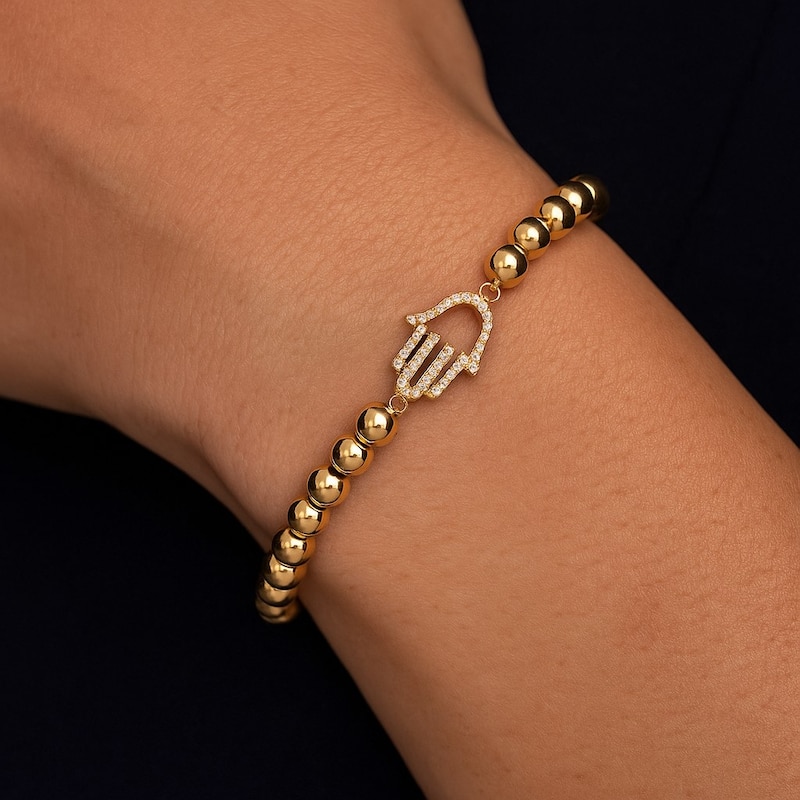 Horizontal Open CZ Hamsa Charm Polished Bead Bracelet - Gold