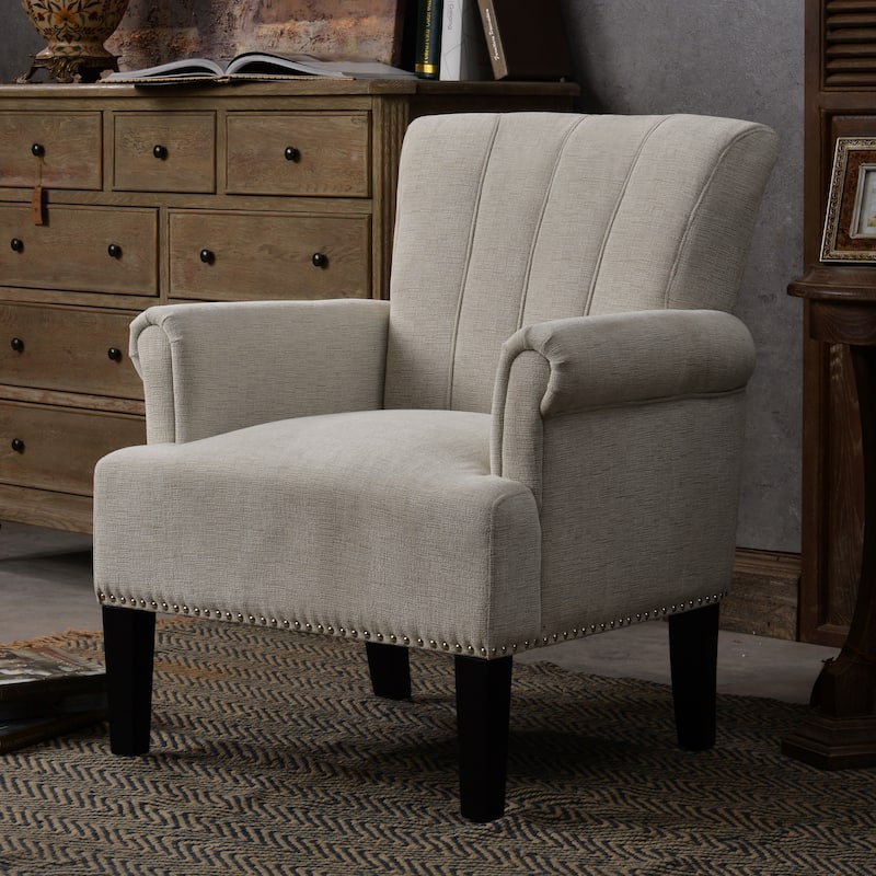 Cream Modern 24" Polyester Upholstered Accent Chair with Rubber Wood Legs and Nailheads