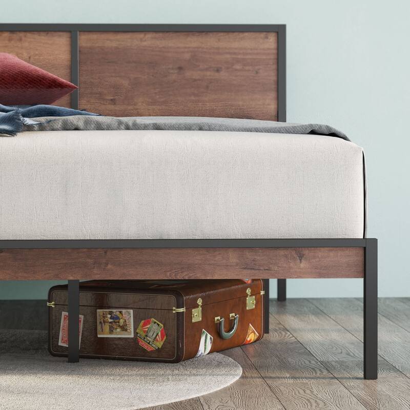 Priage by ZINUS Black and Brown Metal Platform Bed Frame with Split Headboard