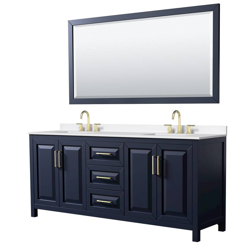 Daria 80-inch Double Vanity, 3 Hole Quartz Top, 70-inch Mirror - Dark Blue, Gold Trim, White Quartz Top