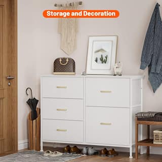 Dresser for Bedroom with 5 Drawers, TV Stand, Living Room, Leather Finish, White