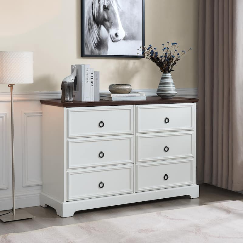 Bedroom Double Dresser, Multi-functiona Wood Storage Cabinet, Accent Cabinet with 6 Storage Drawers and Metal Handles